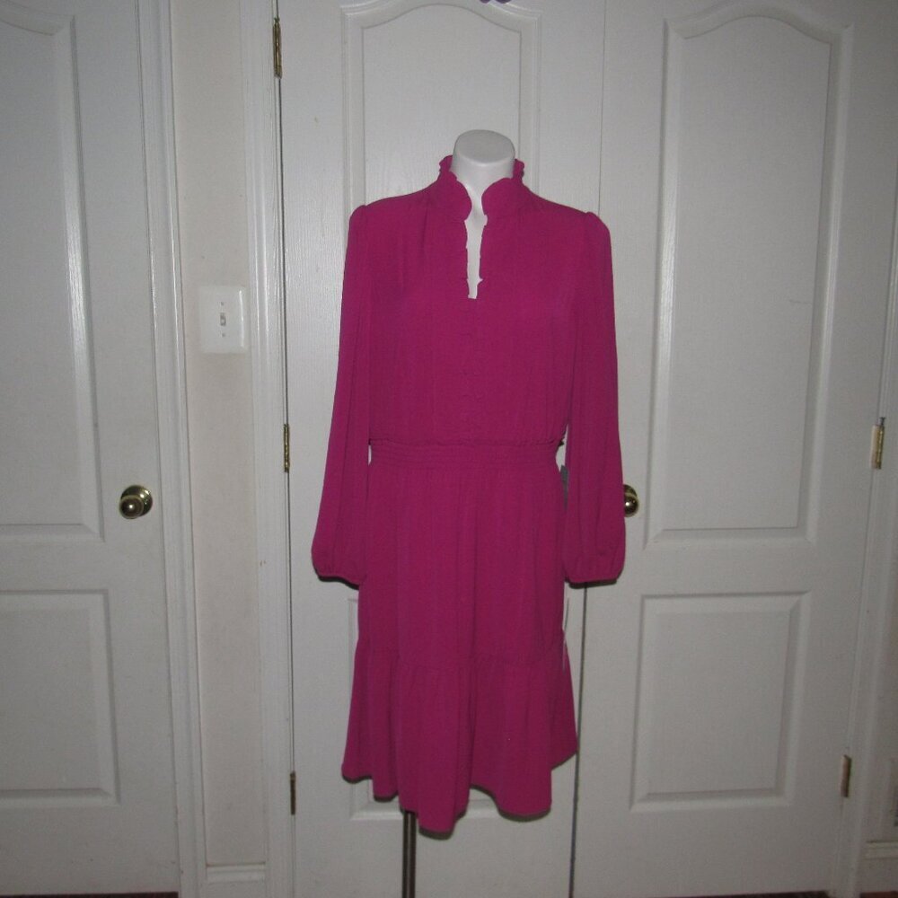 NWT London Times Fuchsia Mock-Neck Tiered Dress Size 16 Romantic Flirty Chic - Picture 2 of 8